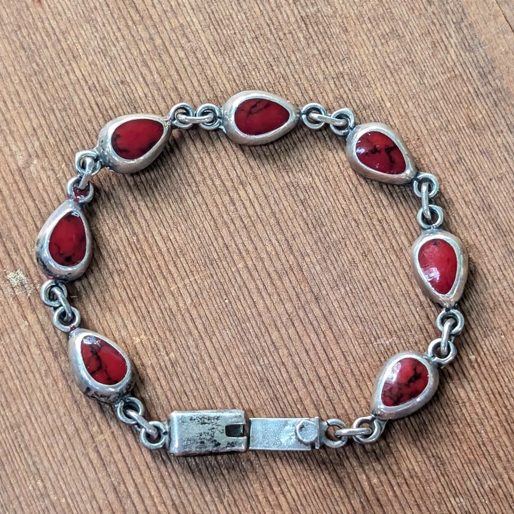 Vintage Sterling Silver Red Jasper Gemstone Teardrop Link Bracelet 925 Mexico